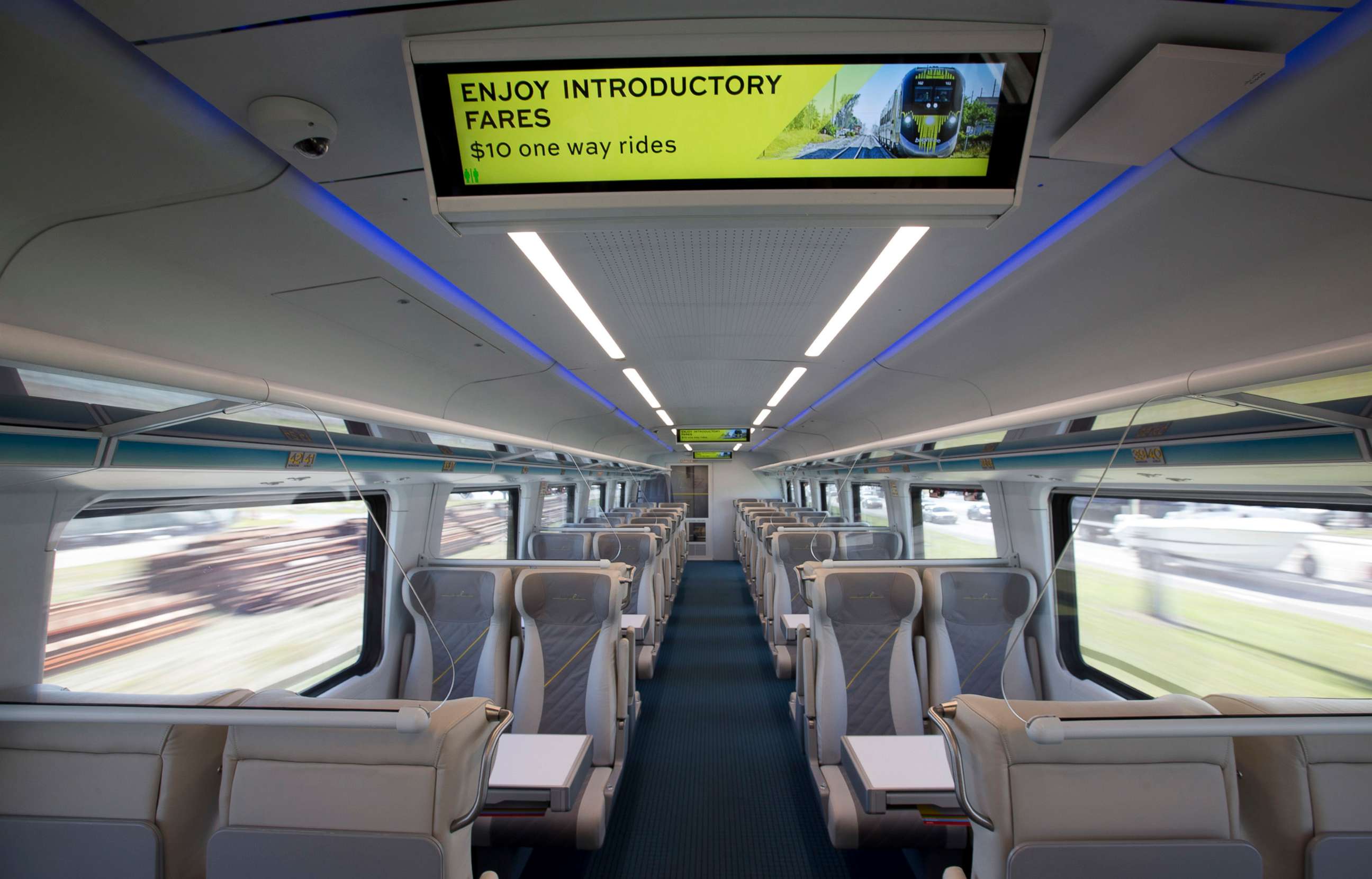 PHOTO: In this Jan 11, 2018, file photo, one of the passenger compartments of a Brightline train is shown as the train heads to Fort Lauderdale, Fla.