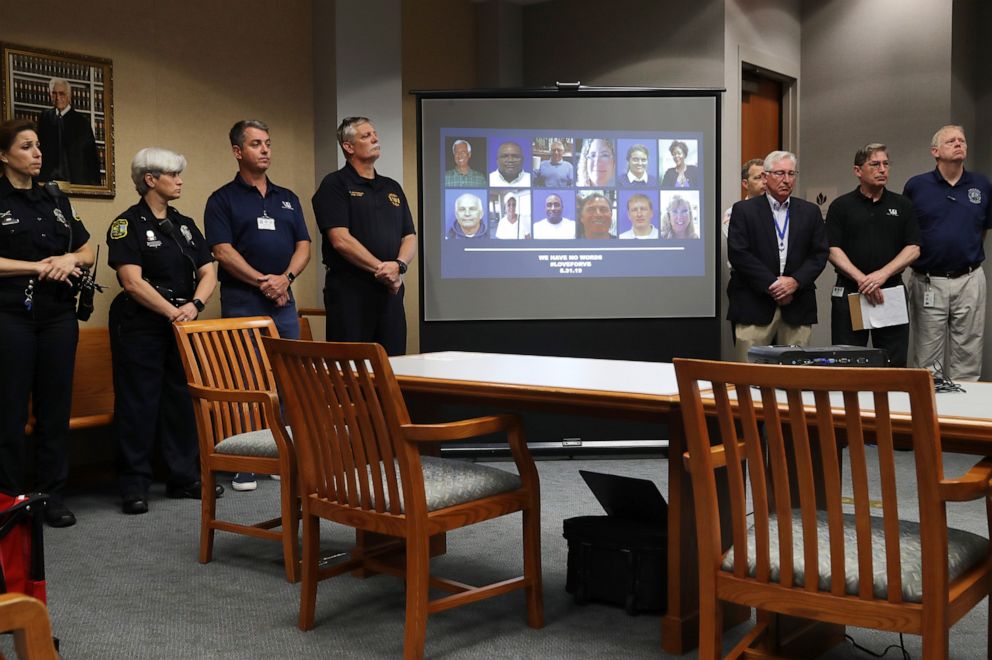 PHOTO: The photographs and names of the 12 victims of a mass shooting at the Municipal Center were announced by city officials during a news conference, June 01, 2019, in Virginia Beach, Va.