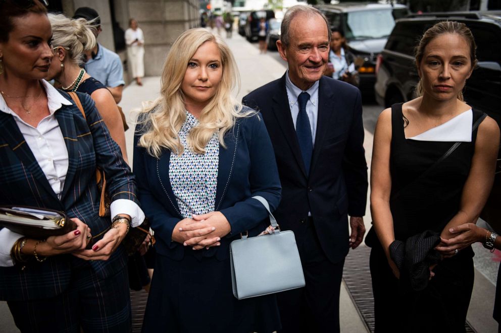 PHOTO: Virginia Giuffre, second left, and Annie Farmer, right, arrive to federal court in New york, Aug. 27, 2019.