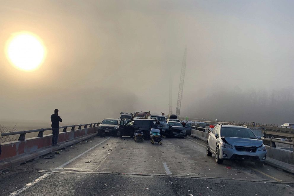 PHOTO: Damaged vehicles are seen after a chain reaction crash on I-64 in York County, Va., Dec. 22, 2019.