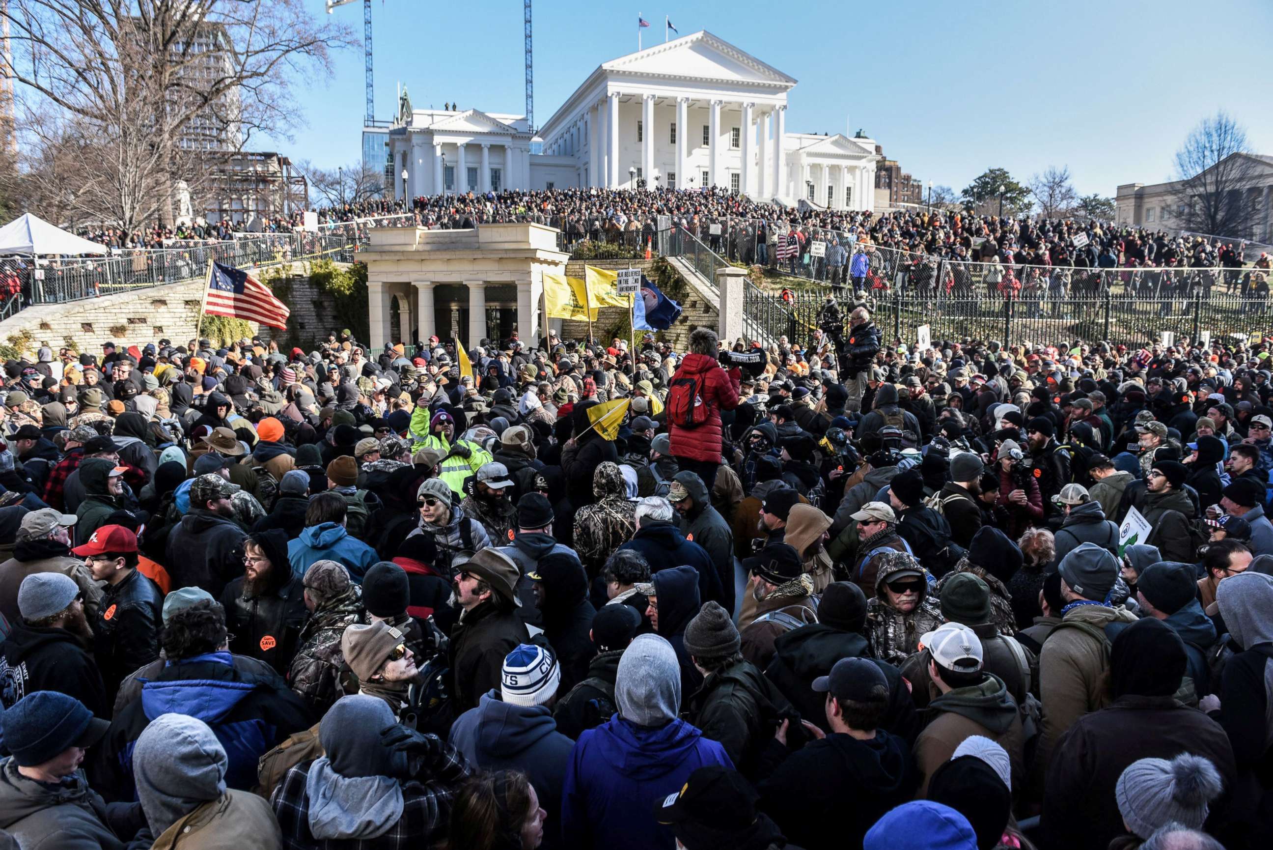PHOTO: A large crowd gathers on a Gun Lobby Day in front of the Virginia State Capitol building in Richmond, VA, Jan. 20, 2020.