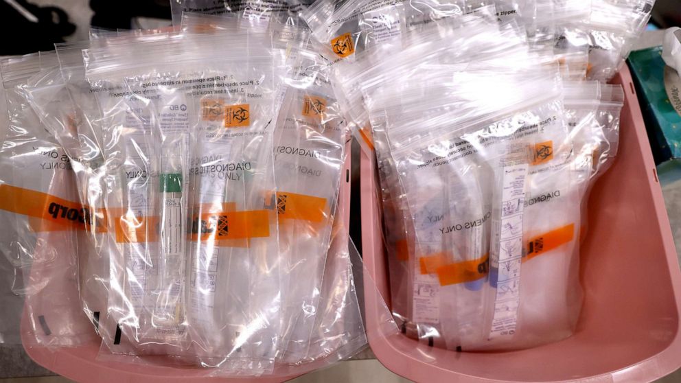 PHOTO: Testing kits for the novel coronavirus are stacked at the Velocity Urgent Care April 15, 2020 in Woodbridge, Virginia.