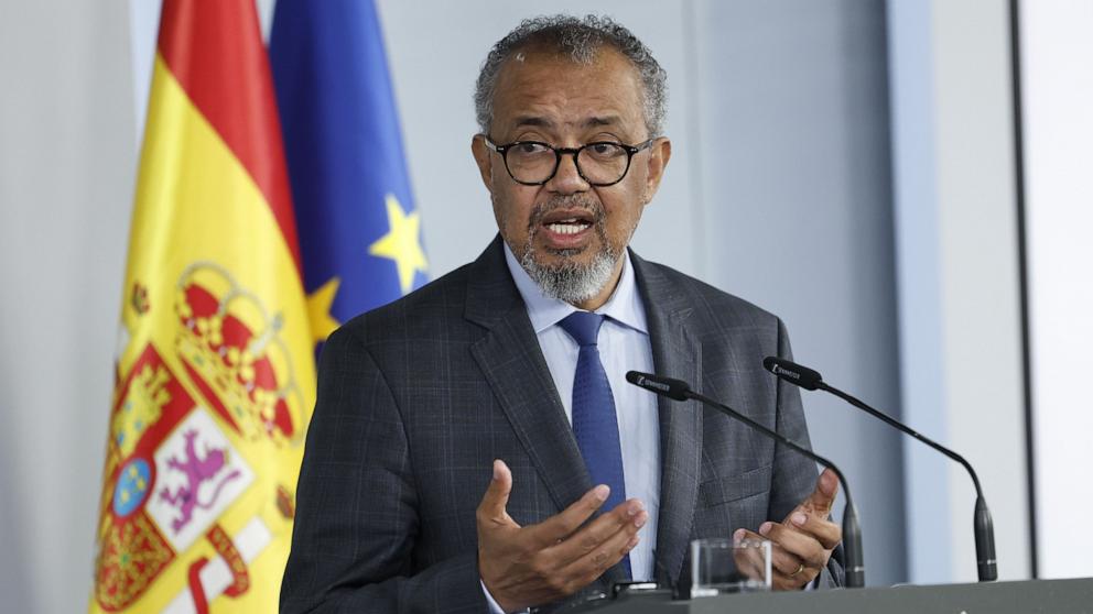 PHOTO: World Health Organization Director-General Tedros Adhanom Ghebreyesus briefs the press on the recent hantavirus outbreak linked to the MV Hondius cruise ship during a joint press conference in Madrid, Spain, May 12, 2026.