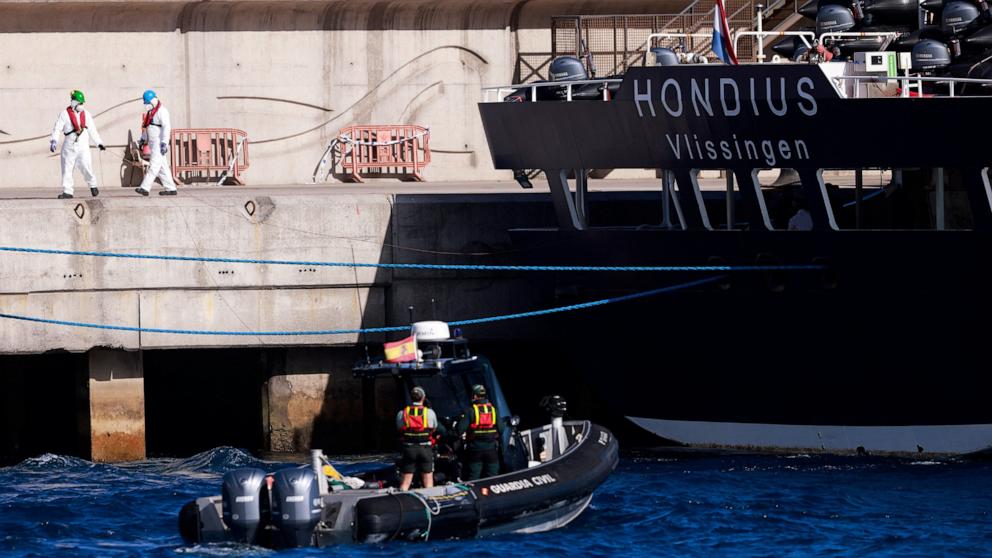 PHOTO: Civil guard members approach the cruise ship MV Hondius, affected by a hantavirus outbreak, on a motorboat, at the port of Granadilla de Abona, Tenerife, Spain May 11, 2026.