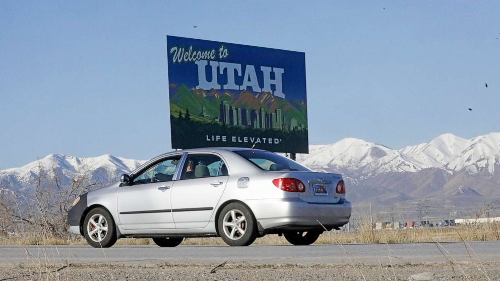 PHOTO: The "Welcome to Utah" sign is shown Friday, April 10, 2020, in Salt Lake City. Travelers coming into Utah will be required to identify themselves and report any coronavirus symptoms as they arrive, Gov. Gary Herbert said Wednesday, April 8, 2020. 