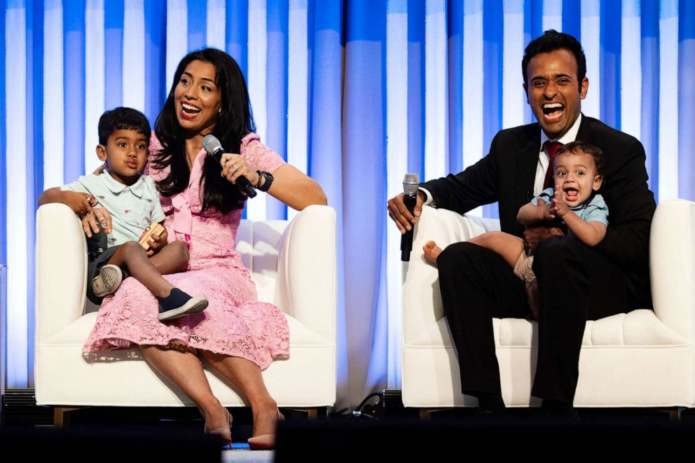 PHOTO: FILE - (L-R) Apoorva Ramaswamy, Karthik Ramaswamy, 3, Arjun Ramaswamy, 11 months, and Republican presidential candidate Vivek Ramaswamy take questions during the Moms for Liberty Summit in Philadelphia, July 1, 2023.