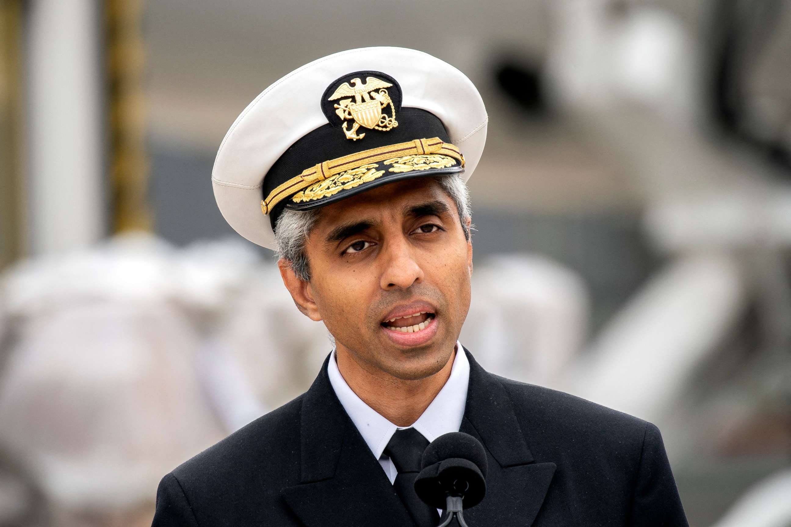PHOTO: U.S. Surgeon General Vivek Murthy delivers remarks after a shipment of infant formula, sent in through Operation Fly Formula, arrived at Dulles International Airport in Dulles, Virginia, on May 25, 2022.