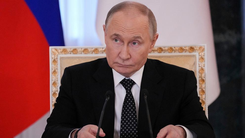 PHOTO: Russian President Vladimir Putin attends a signing ceremony with Indonesia's President Prabowo Subianto after their talks in the Konstantin palace outside St. Petersburg, Russia, June 19, 2025.