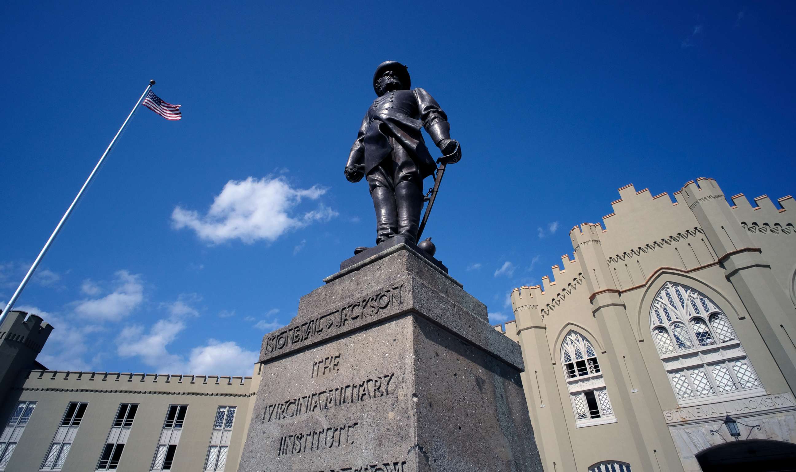 PHOTO: A statue of Gen. Thomas "Stonewall" Jackson stands in front of the barracks on the Virginia Military Institute campus in Lexington, Va., in this Sunday, Sept. 3, 2017, file photo.