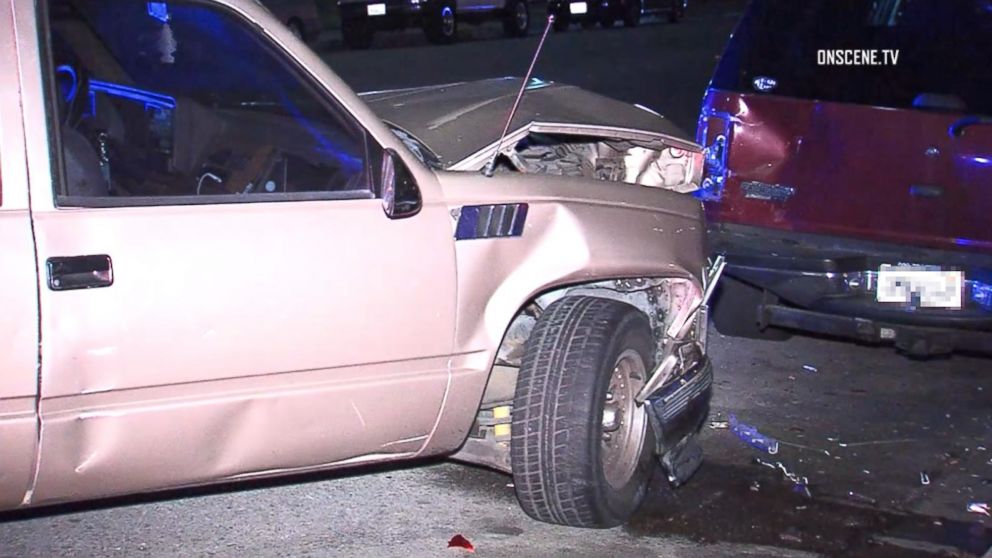 PHOTO: Video from the scene of a shooting shows a pickup truck that appears to have crashed into other vehicles, in the Pomona, Calif., March 9, 2018.