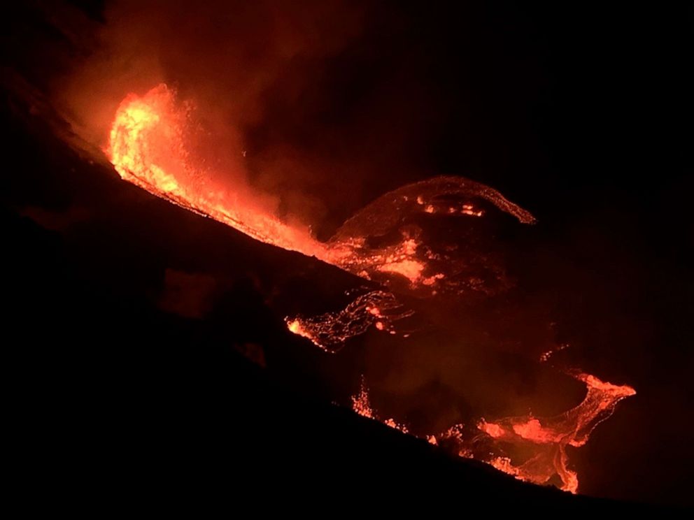 PHOTO: Lava flows within the Halema' uma'u crater of the Kilauea volcano, Dec. 20, 2020.