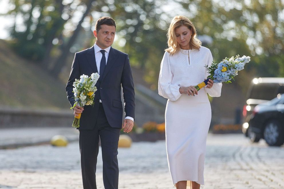 PHOTO: In this Aug. 24, 2020, file photo, Ukrainian President Volodymyr Zelensky and his wife Olena Zelenska arrive to lay the wreath on the monument at Mykhailivska Square at the 29th Independence Day celebrations in Sofiyska Square in Kiev, Ukraine.