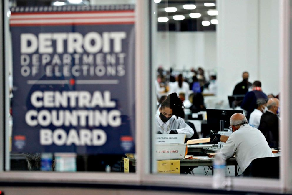 PHOTO: Detroit election workers work on counting absentee ballots for the general election at TCF Center on Nov. 4, 2020, in Detroit.