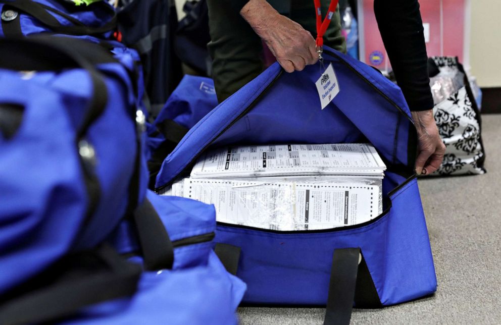 PHOTO: Election officials unpack bags containing ballots after Election Day at the Kenosha Municipal Building in Kenosha, Wisconsin, Nov. 4, 2020.