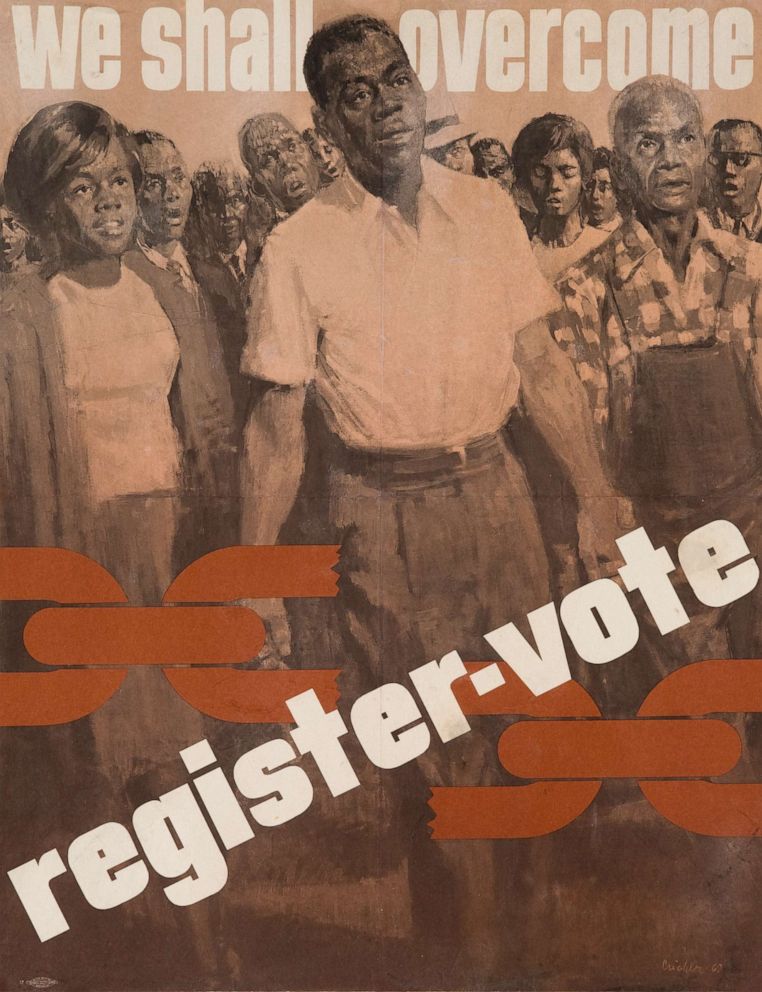 PHOTO: An illustration depicts African Americans holding hands metaphorically to break the chain to gain their rights, in a work from 1963 by Ernest Crichlow.