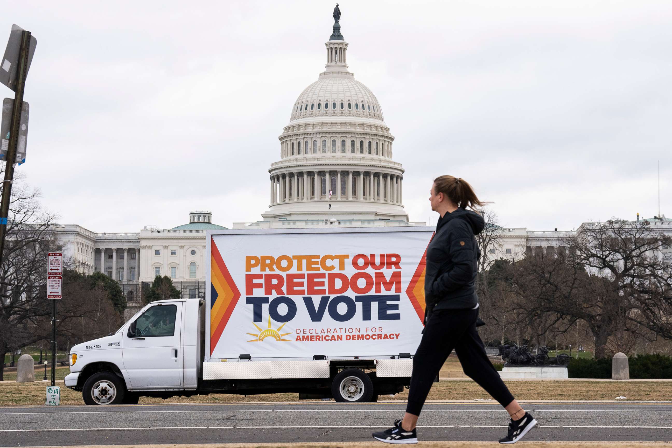 PHOTO: A message for the senate to pass voting rights legislation sponsored by The Declaration for American Democracy, is seen, Jan. 18, 2022, in Washington, D.C.