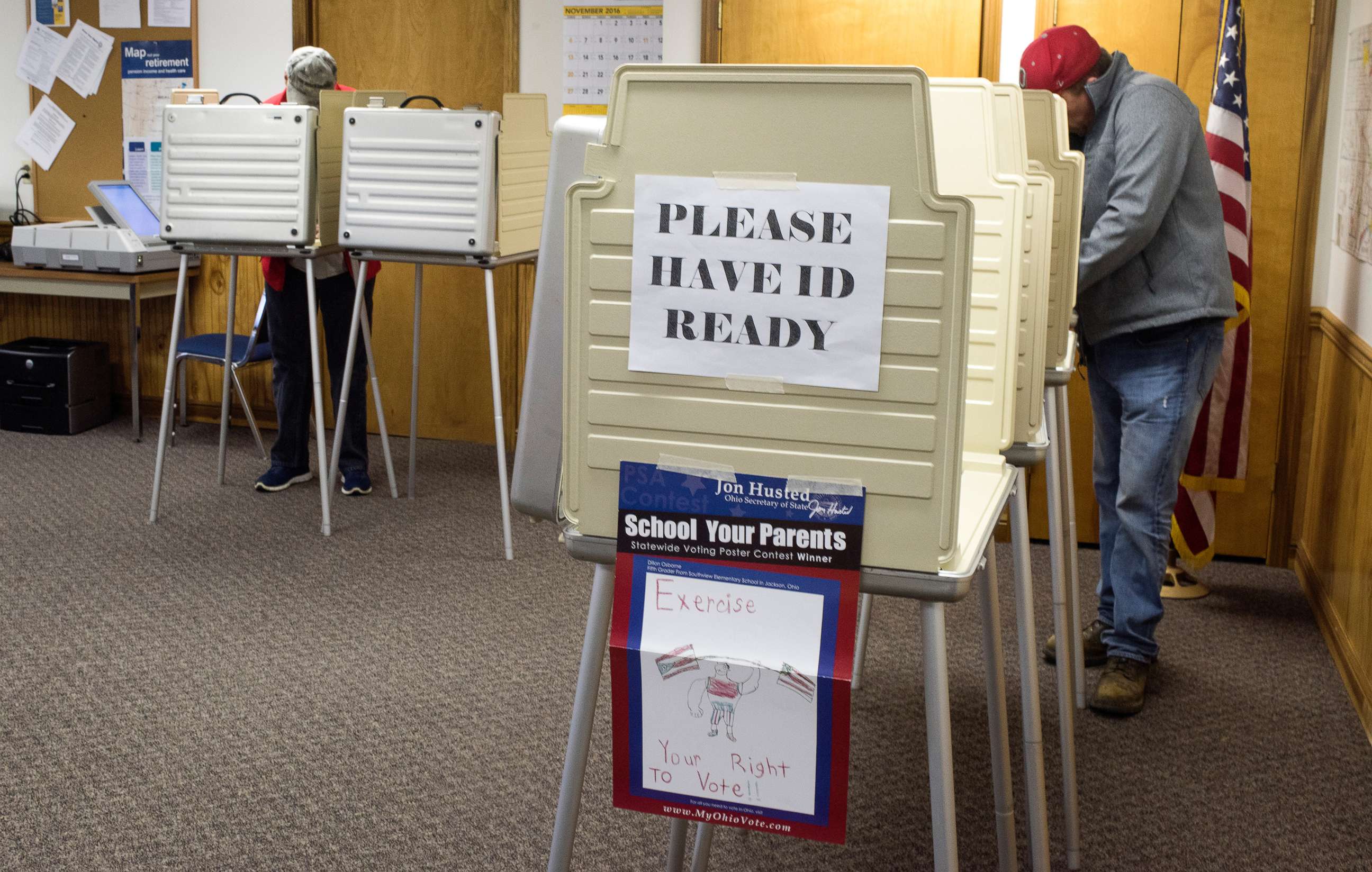 PHOTO: Voters cast their ballots at voting booths at the Butler Township Garage during Ohio's General Election on Nov. 8, 2016 in Butler, Ohio.