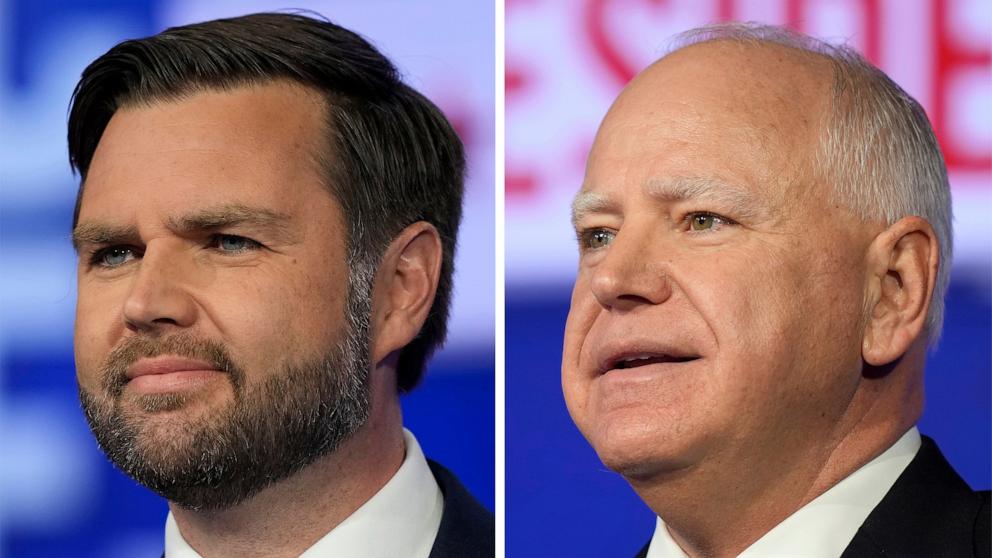 PHOTO: This combination image shows Republican vice presidential nominee Sen. JD Vance and Democratic vice presidential nominee Minnesota Gov. Tim Walz, during a vice presidential debate, Oct. 1, 2024, in New York City.