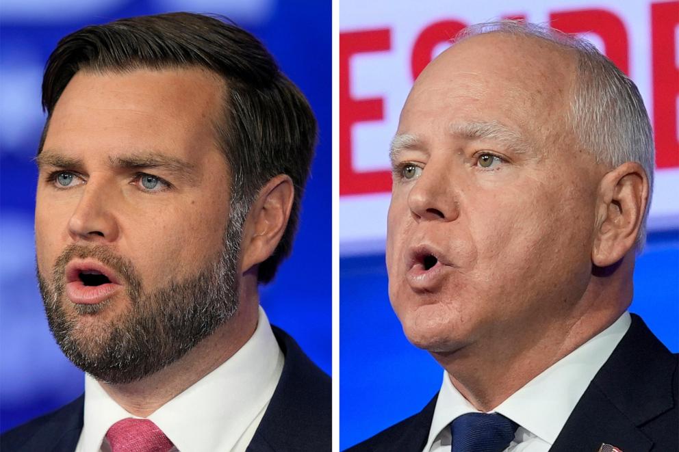 PHOTO: Republican vice presidential candidate Sen. JD Vance and Minnesota Governor and Democratic vice presidential candidate Tim Walz participate in the Vice Presidential debate in New York City, October 1, 2024.