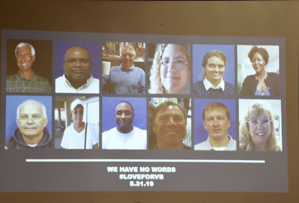 PHOTO: A slide of the victims in the May 31, 2019, mass shooting at Virginia, Beach, Va., municipal building is shown during a press conference on June 1, 2019. 