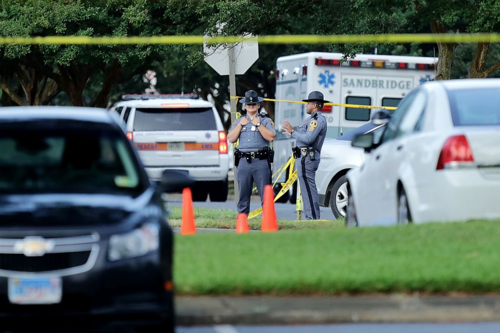 PHOTO: Virginia State Police stand watch at the scene of a mass shooting at the Municipal Center June 01, 2019 in Virginia Beach, Va.