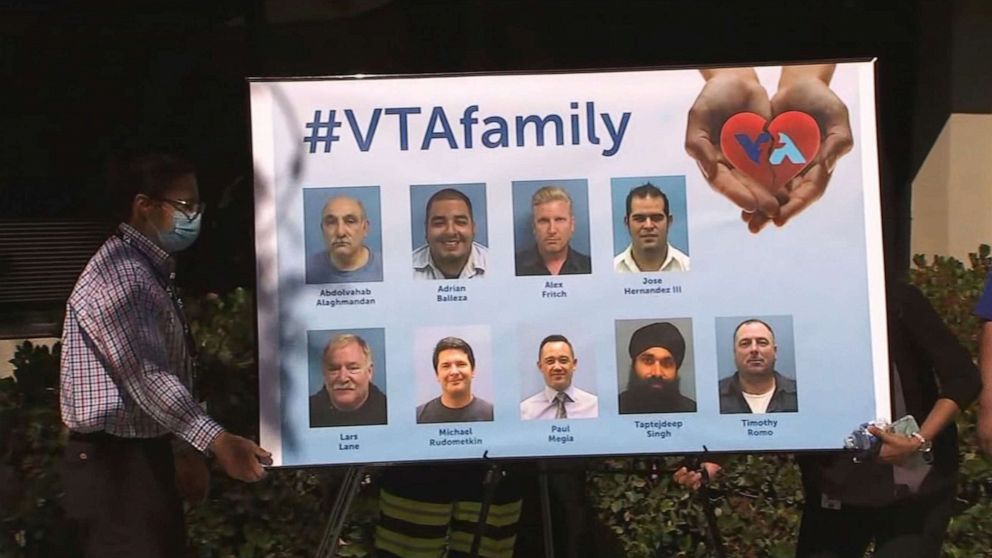 PHOTO: Names and photos of the victims of the mass shooting are displayed during a press conference in San Jose, Calif., May 27, 2021.