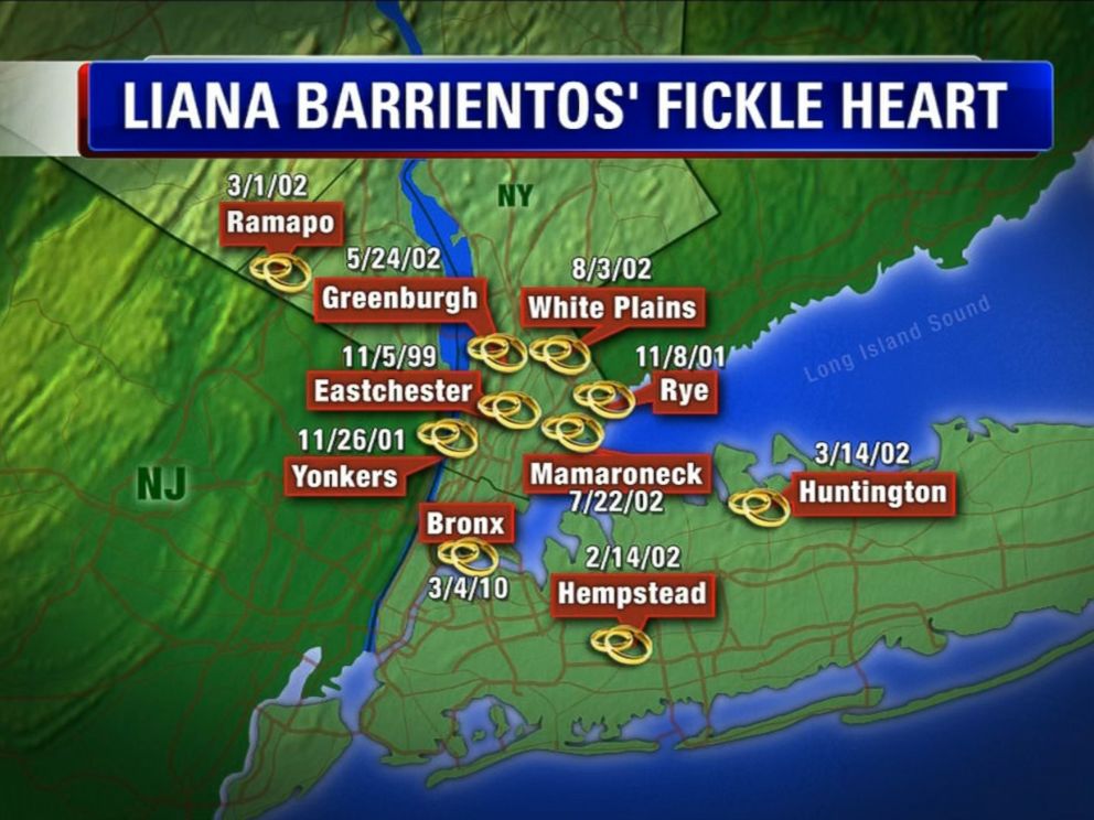 PHOTO: This map shows the locations of 39-year-old Liana Barrientos alleged 10 marriages since 1999.