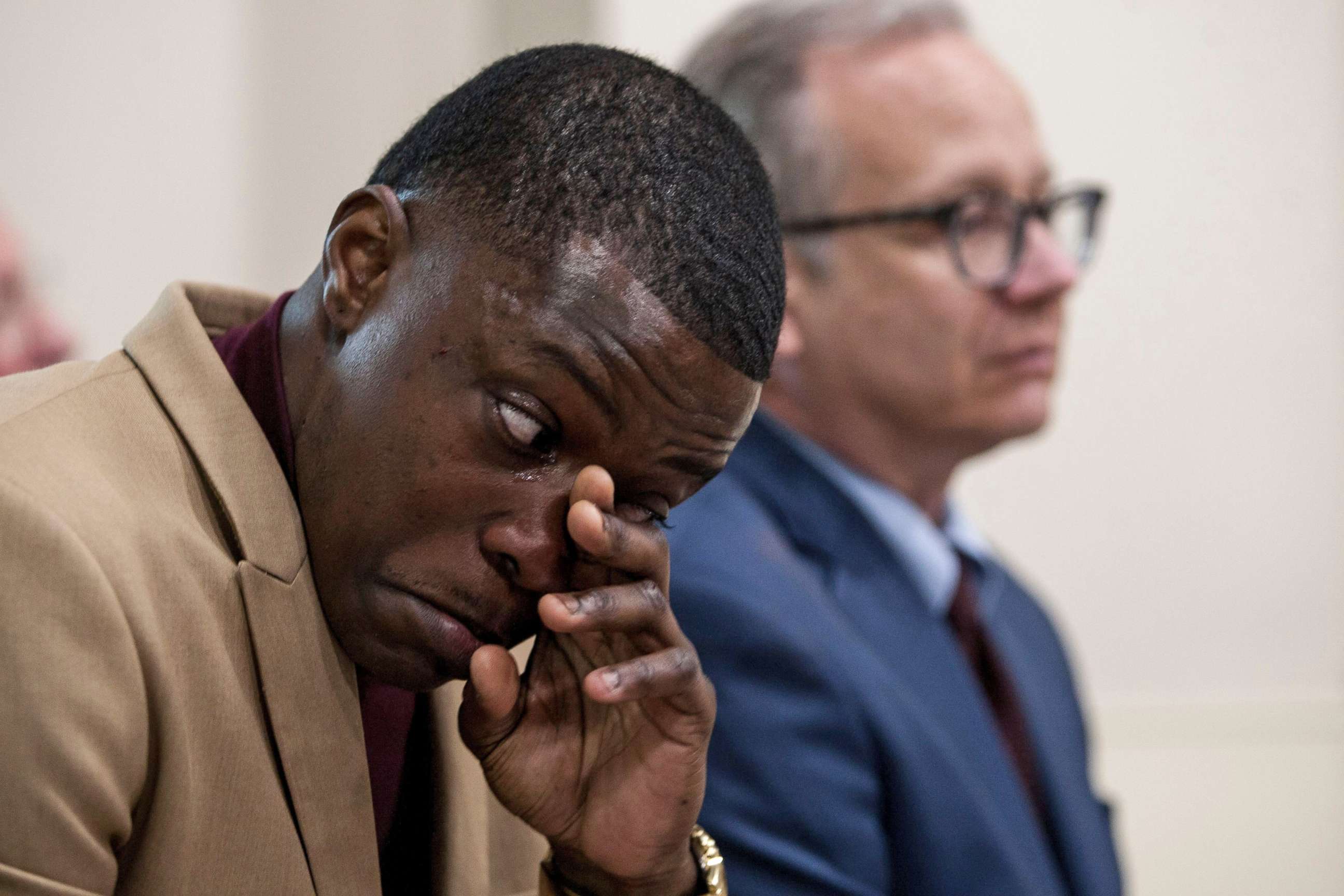 PHOTO: James Shaw Jr. wipes his tears as he was praised during a press conference in Nashville, Tenn., April 22, 2018.