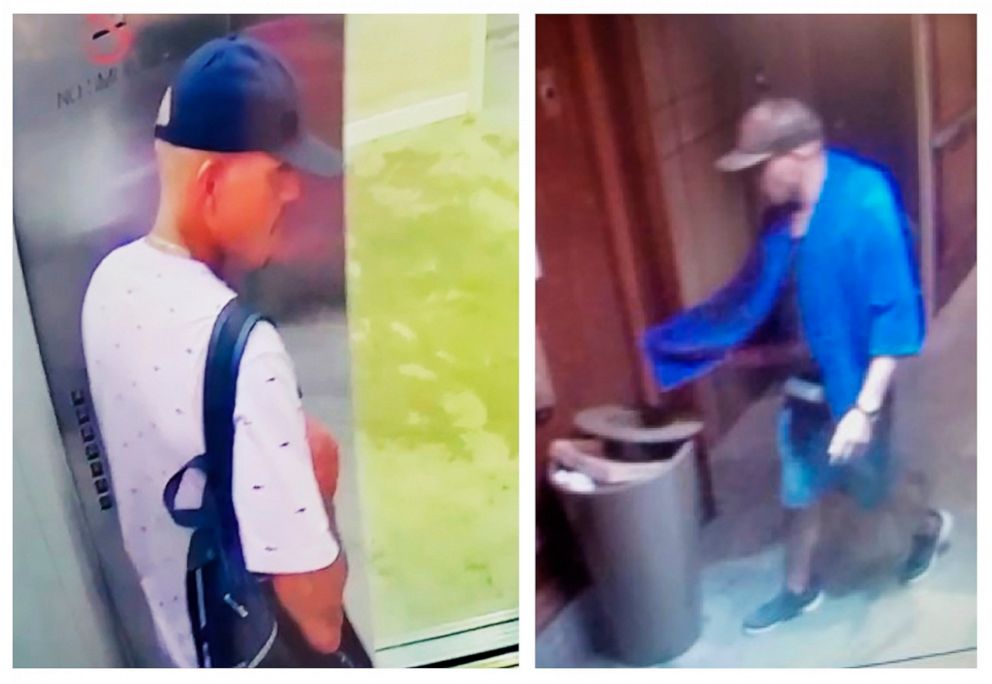 PHOTO: This combination of images made from surveillance video shows a man seen at Alohilani hotel on Sunday, Aug. 4, 2019, left, and at Hilton Hawaiian Grand Waikikian on Tuesday, Aug. 6, near Waikiki Beach in Hawaii.