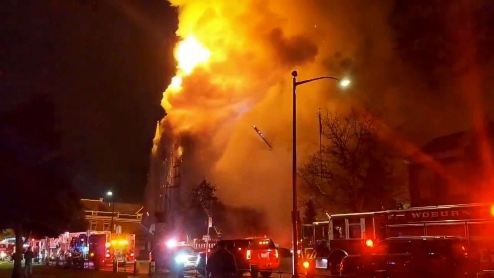 PHOTO: Firefighters attend to the scene of a large fire in a church in Wakefield, Mass., Oct. 23, 2018.