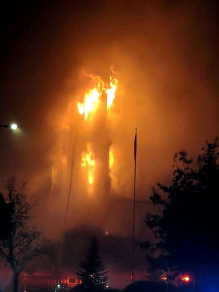 PHOTO: Firefighters attend to the scene of a large fire in a church in Wakefield, Massachusetts, Oct. 23, 2018.