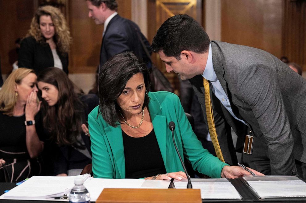 PHOTO: Centers for Disease Control and Prevention Director Rochelle Walensky speaks with an aide as she testifies before the Senate Health, Education, Labor and Pensions Committee on Capital Hill in Washington, D.C., on May 4, 2023.