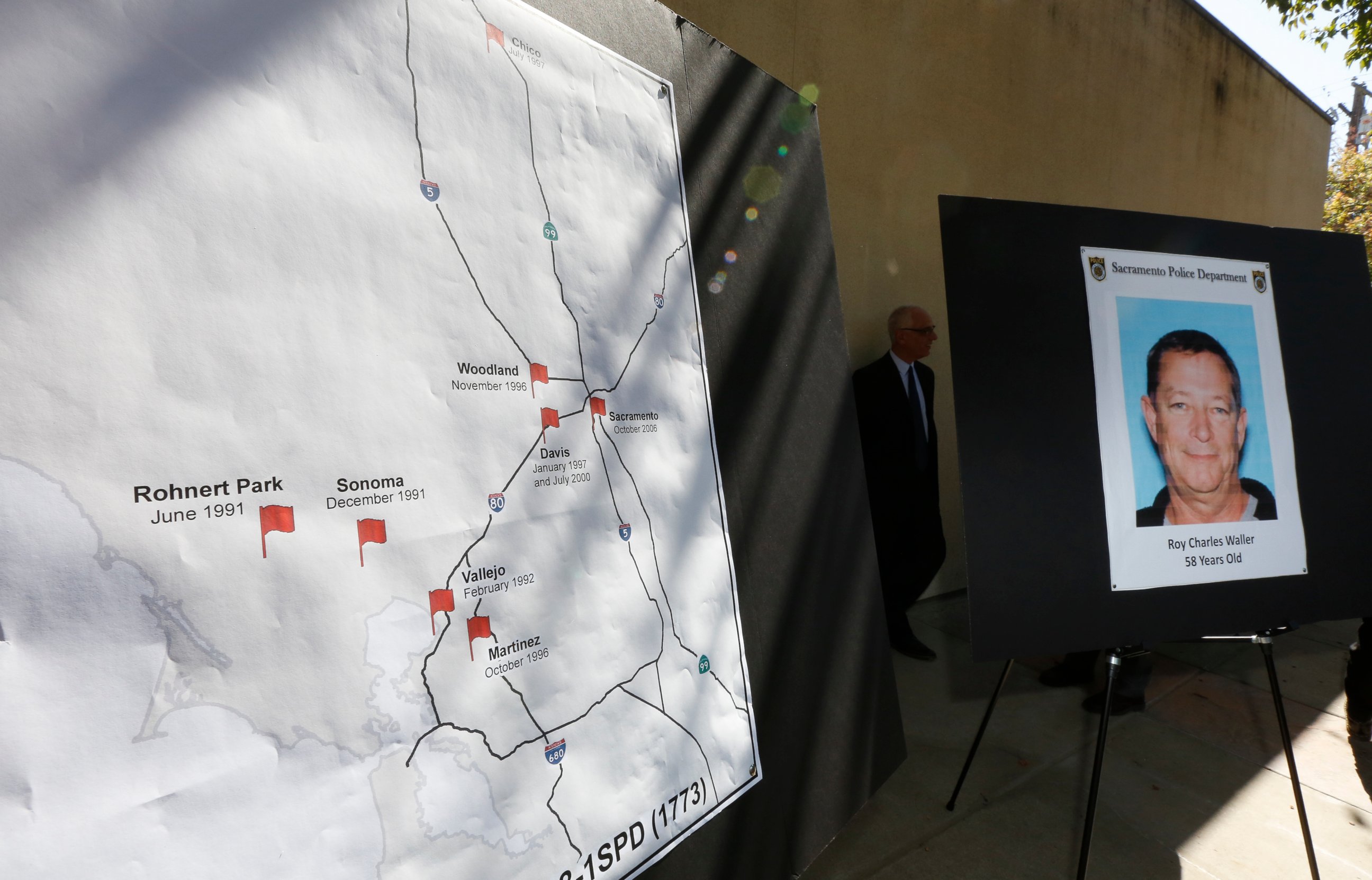A map marks where a series of rapes in Northern California occurred starting in 1991, is displayed during a news conference Sept. 21, 2018, in Sacramento, Calif. Suspect Roy Charles Waller was taken into custody in Berkeley, Wednesday Sept. 20, 2018.