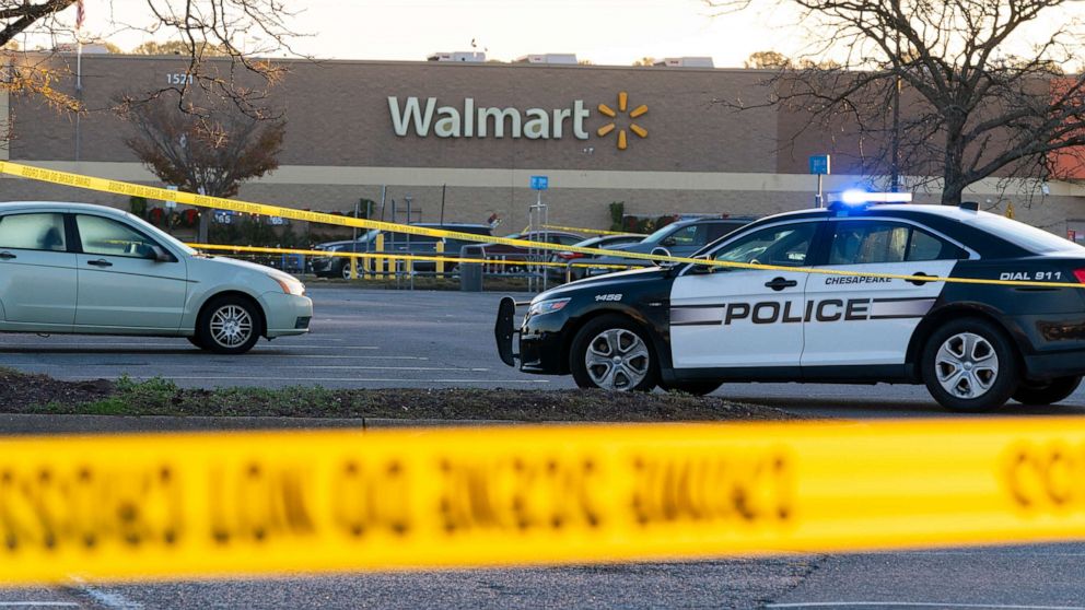PHOTO: Law enforcement work the scene of a mass shooting at a Walmart, on Nov. 23, 2022, in Chesapeake, Va. The store was busy just before the shooting Tuesday night with people stocking up ahead of the Thanksgiving holiday.