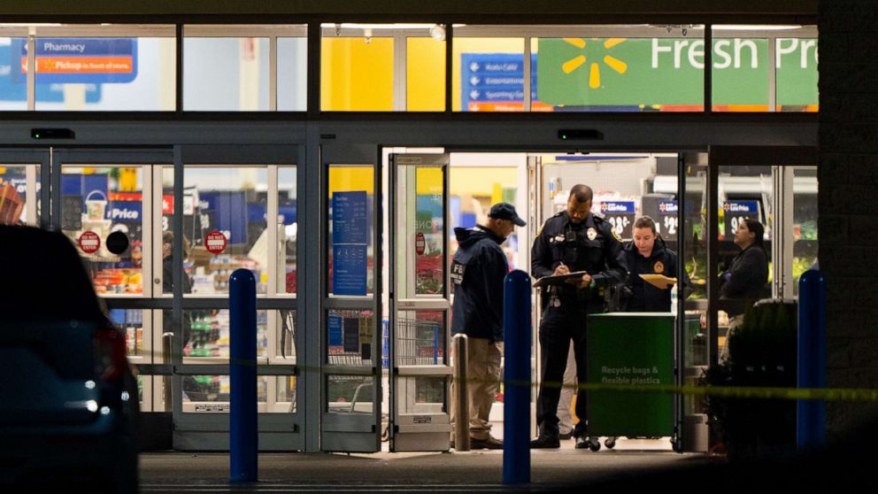 PHOTO: Law enforcement agencies, including the FBI, are working at the scene of a mass shooting at a Walmart on Wednesday, November 23, 2022, in Chesapeake, Virginia. 