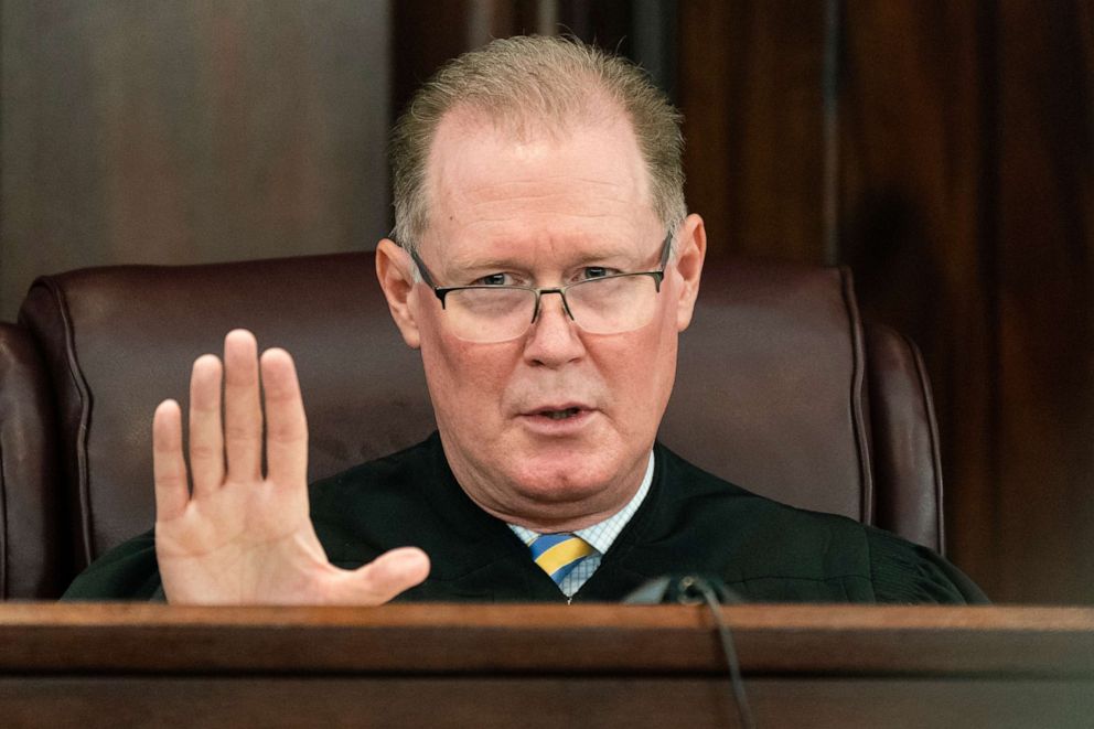 PHOTO: Judge Timothy Walmsley speaks during a motions hearing in the trial of the men charged with killing Ahmaud Arbery at the Gwynn County Superior Court on Oct. 26, 2021 in Brunswick, Ga.