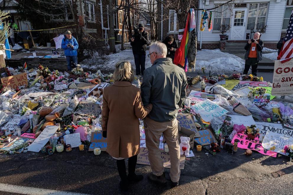 PHOTO: Minnesota Governor Tim Walz and his wife, Gwen Walz, visit a makeshift memorial for Renee Good, 37, who was shot and killed by a federal immigration agent in Minneapolis, Minnesota, January 12, 2026.