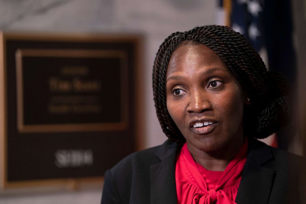 PHOTO: Wanda Cooper-Jones, mother of Ahmaud Arbery, speaks to reporters outside of Sen. Tim Scott's (R-SC) office in the Hart Senate Office Building, June 16, 2020, in Washington, D.C. 