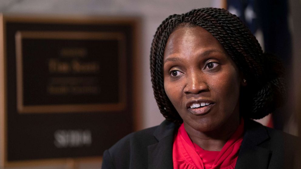 PHOTO: Wanda Cooper-Jones, mother of Ahmaud Arbery, speaks to reporters outside of Sen. Tim Scott's (R-SC) office in the Hart Senate Office Building, June 16, 2020, in Washington, D.C. 