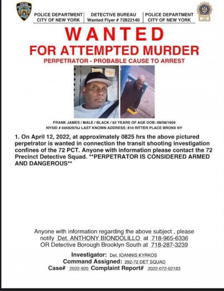 PHOTO: The New York Police Department put out a wanted poster for Frank James, a suspect in the Brooklyn subway shooting that took place on April 13, 2022.