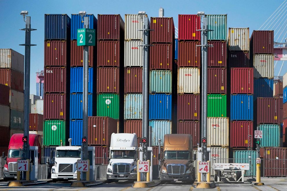 PHOTO: Containers are stacked at the Port of Long Beach in Long Beach in Calif., Oct. 1, 2021.
