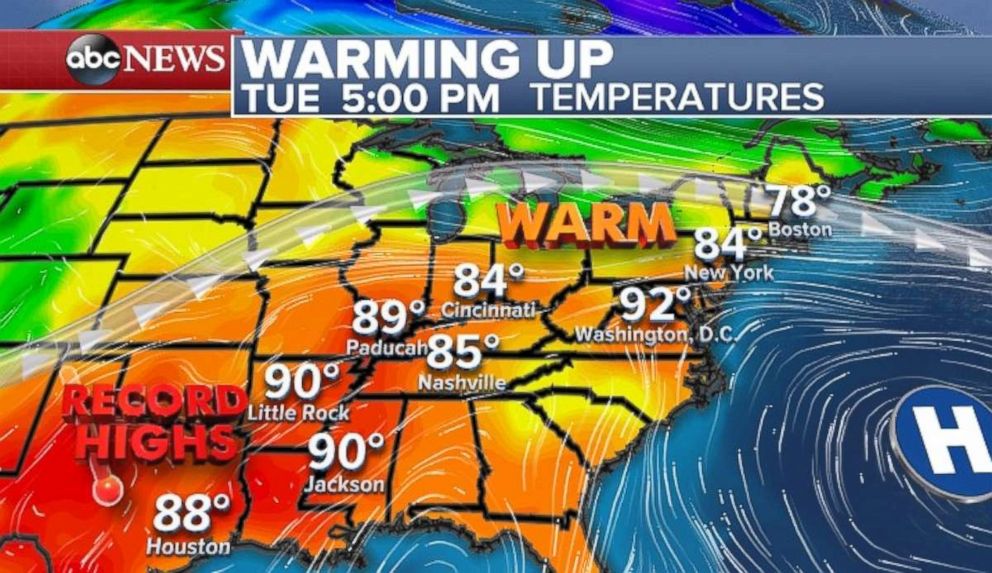 Warmth will arrive in the Northeast during the day on Tuesday.