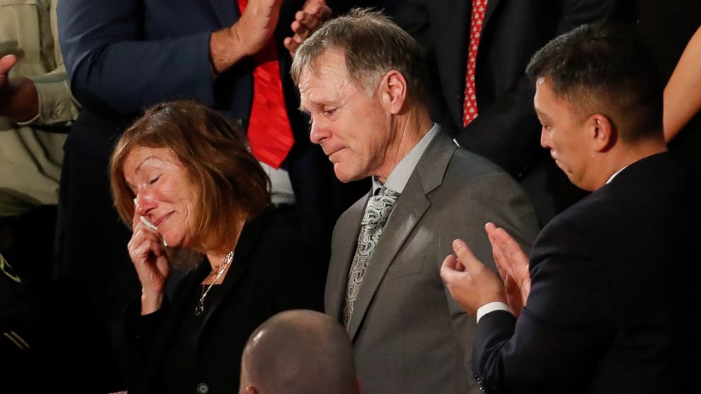 PHOTO: The parents of Otto Warmbier react to a standing ovation during State of the Union address to a joint session of Congress on Capitol Hill in Washington, Jan. 30, 2018.