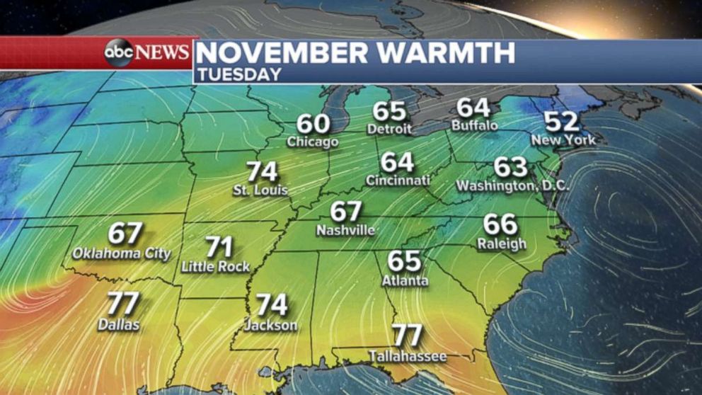 PHOTO: Mild temperatures across the East on Tuesday.