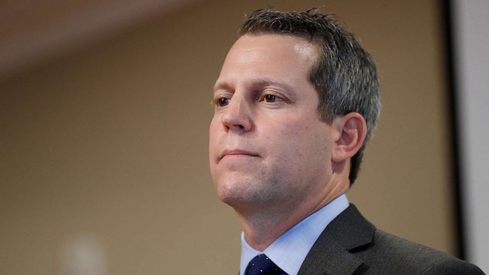 PHOTO: Hillsborough County State Attorney Andrew Warren addresses the media after learning he was suspended of his duties by Florida Governor Ron DeSantis in Tampa, Fla., Aug. 4, 2022.