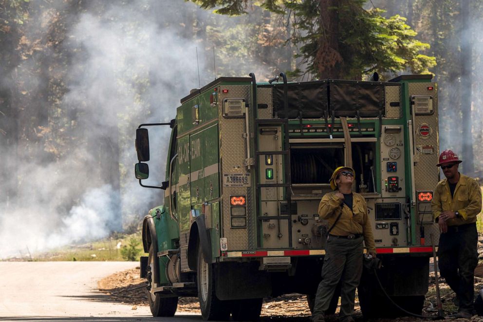 PHOTO: Firefighters monitor the Washburn Fire in Mariposa Grove in Yosemite National Park, California, July 12, 2022.