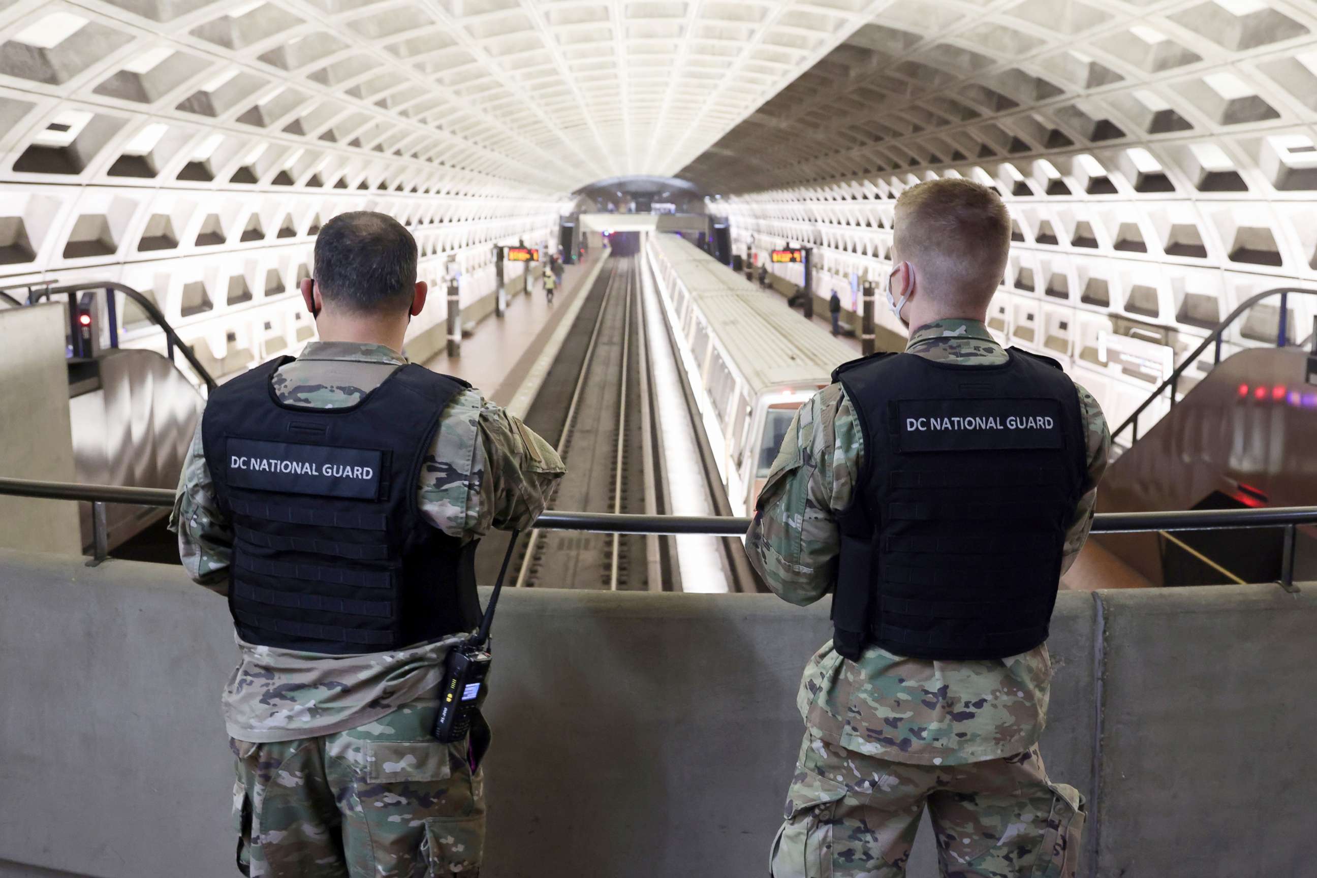 PHOTO: National Guard soldiers keep watch in the Metro subway station as Pro-Trump demonstrators rally to protest the results of the election, Washington, Jan. 5, 2021.  
