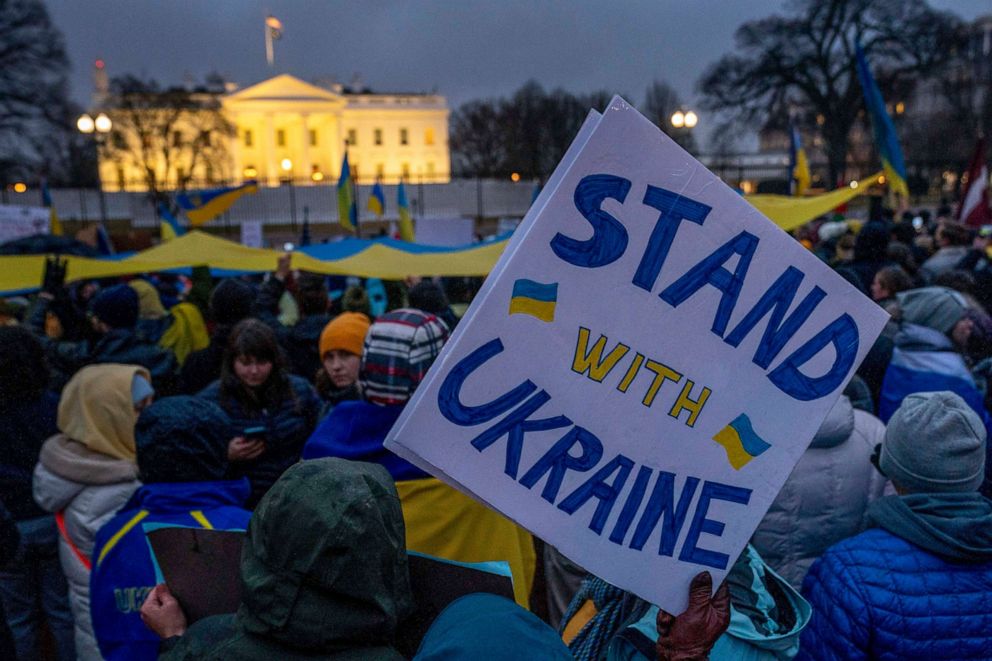 PHOTO: People take part in a vigil to protest the Russian invasion of Ukraine in front of the White House in Washington, D.C., on Feb. 24, 2022.