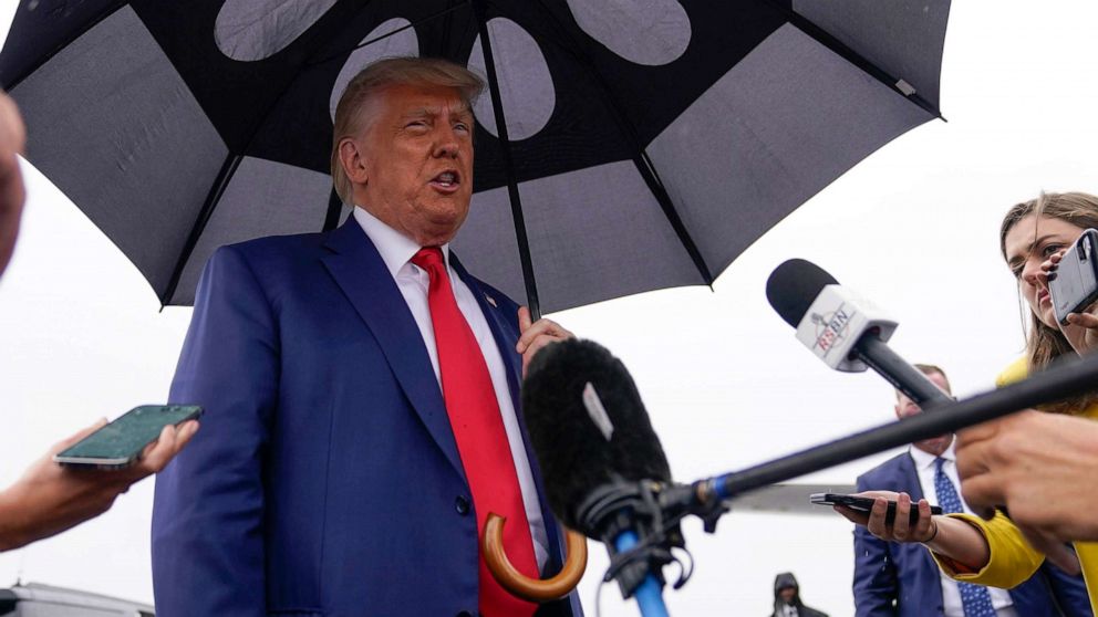 PHOTO: Former President Donald Trump speaks before he boards his plane at Ronald Reagan Washington National Airport, Aug. 3, 2023, in Arlington, Va., after facing a judge on federal conspiracy charges that allege he conspired to subvert the 2020 election.