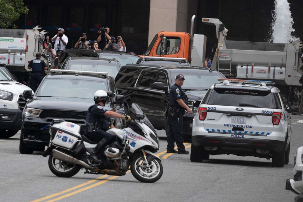 PHOTO: The motorcade carrying former US President Donald Trump arrives at the E. Barrett Prettyman US Court House in Washington, DC, Aug. 3, 2023